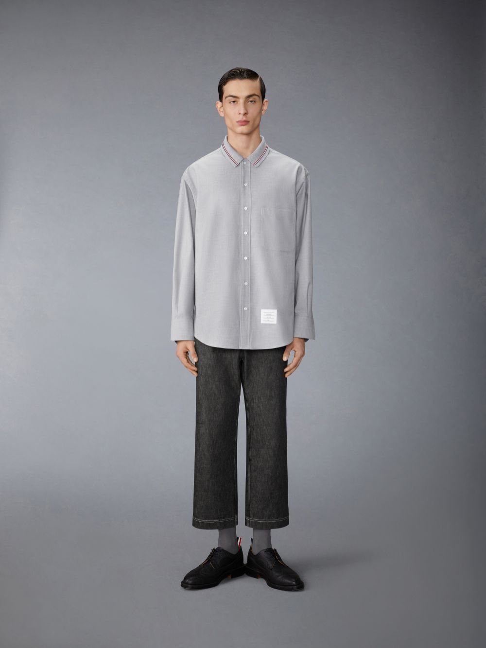 Men Thom Browne Stripe Cotton Flannel Oversized Shirts Grey | DMJ82B54048