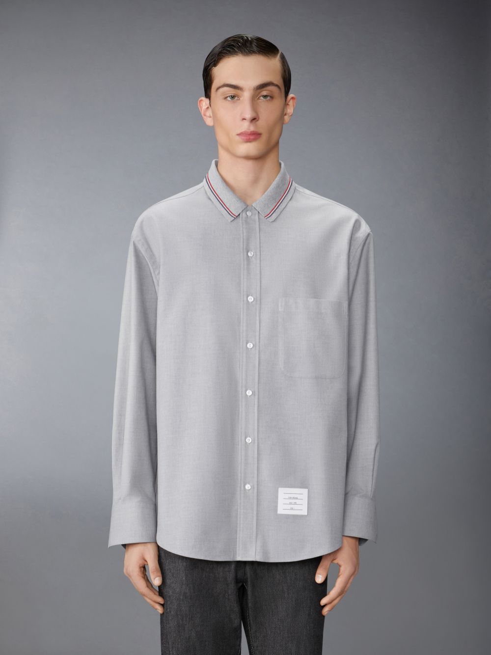 Men Thom Browne Stripe Cotton Flannel Oversized Shirts Grey | DMJ82B54048
