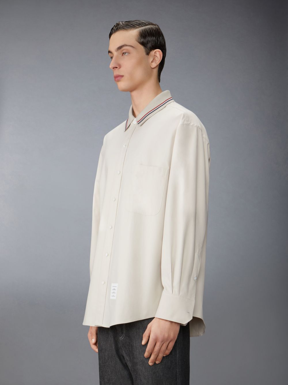 Men Thom Browne Stripe Cotton Flannel Oversized Shirts Beige | ZBM99D16030