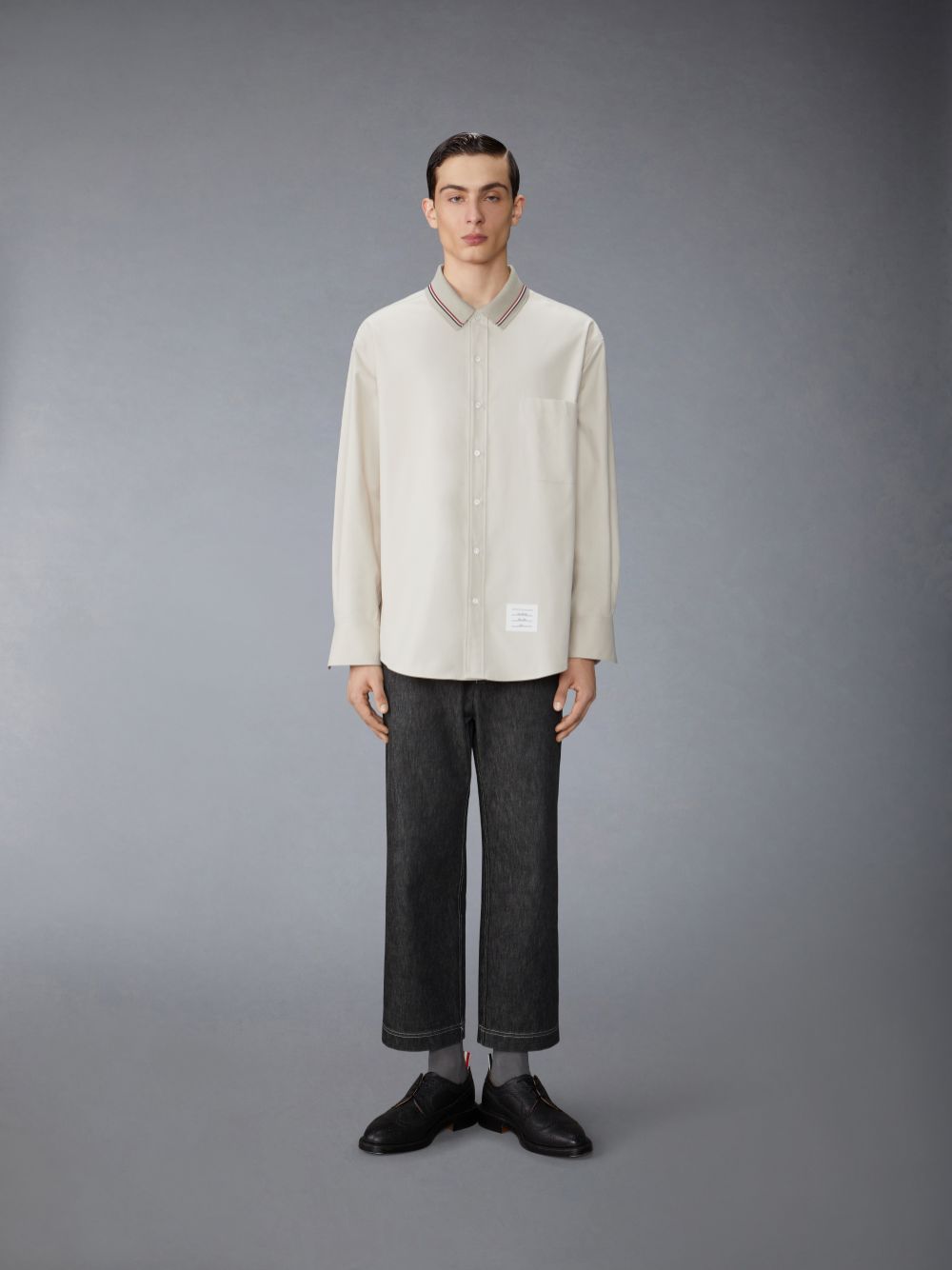 Men Thom Browne Stripe Cotton Flannel Oversized Shirts Beige | ZBM99D16030