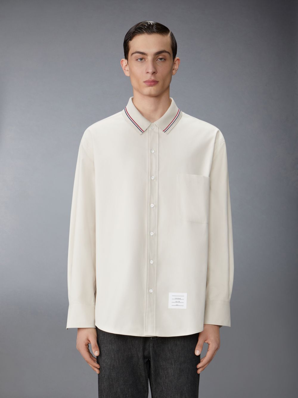 Men Thom Browne Stripe Cotton Flannel Oversized Shirts Beige | ZBM99D16030