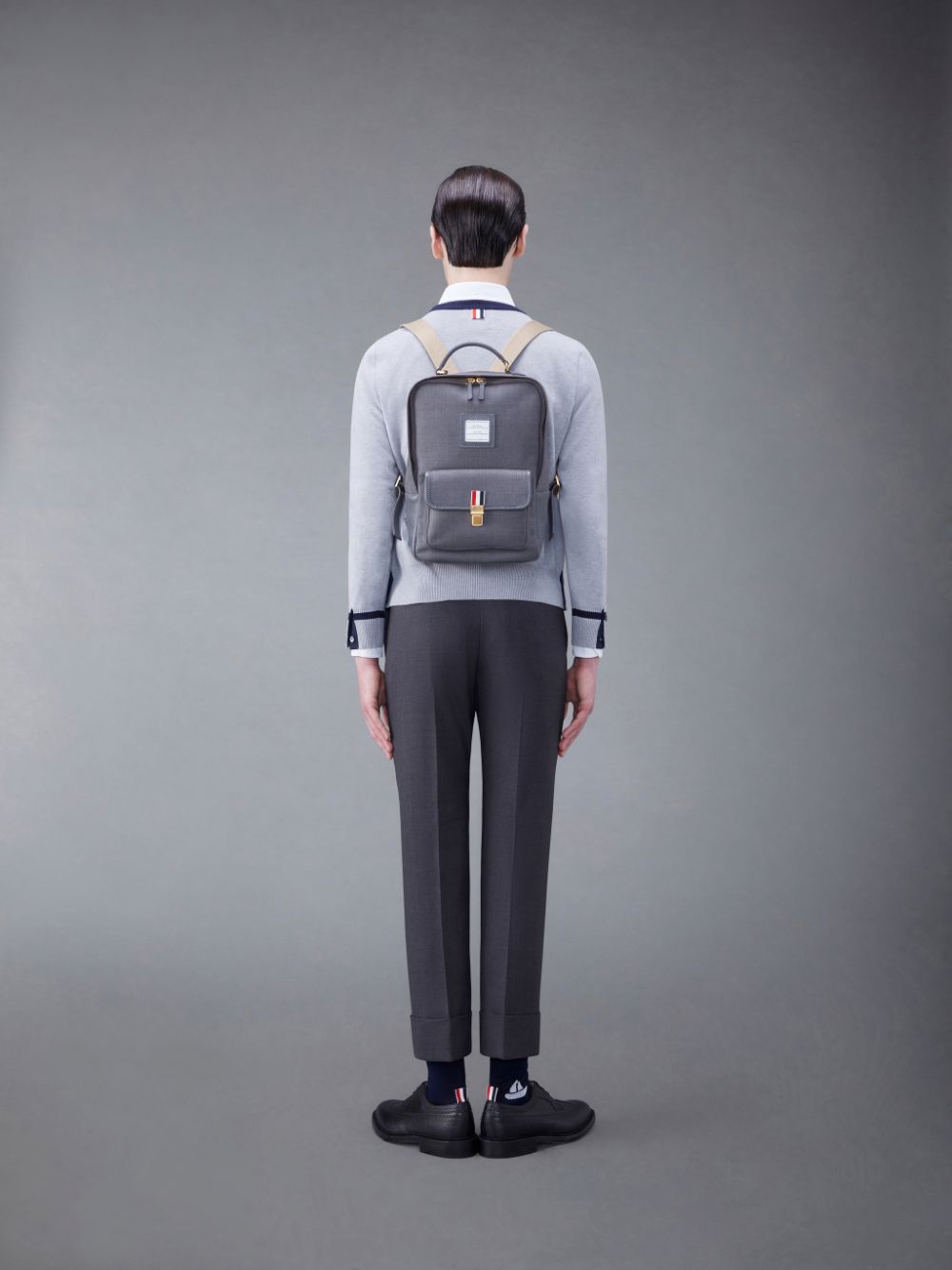 Men Thom Browne Super 120's Twill Front Pocket School Backpacks Grey | ERT94V95128