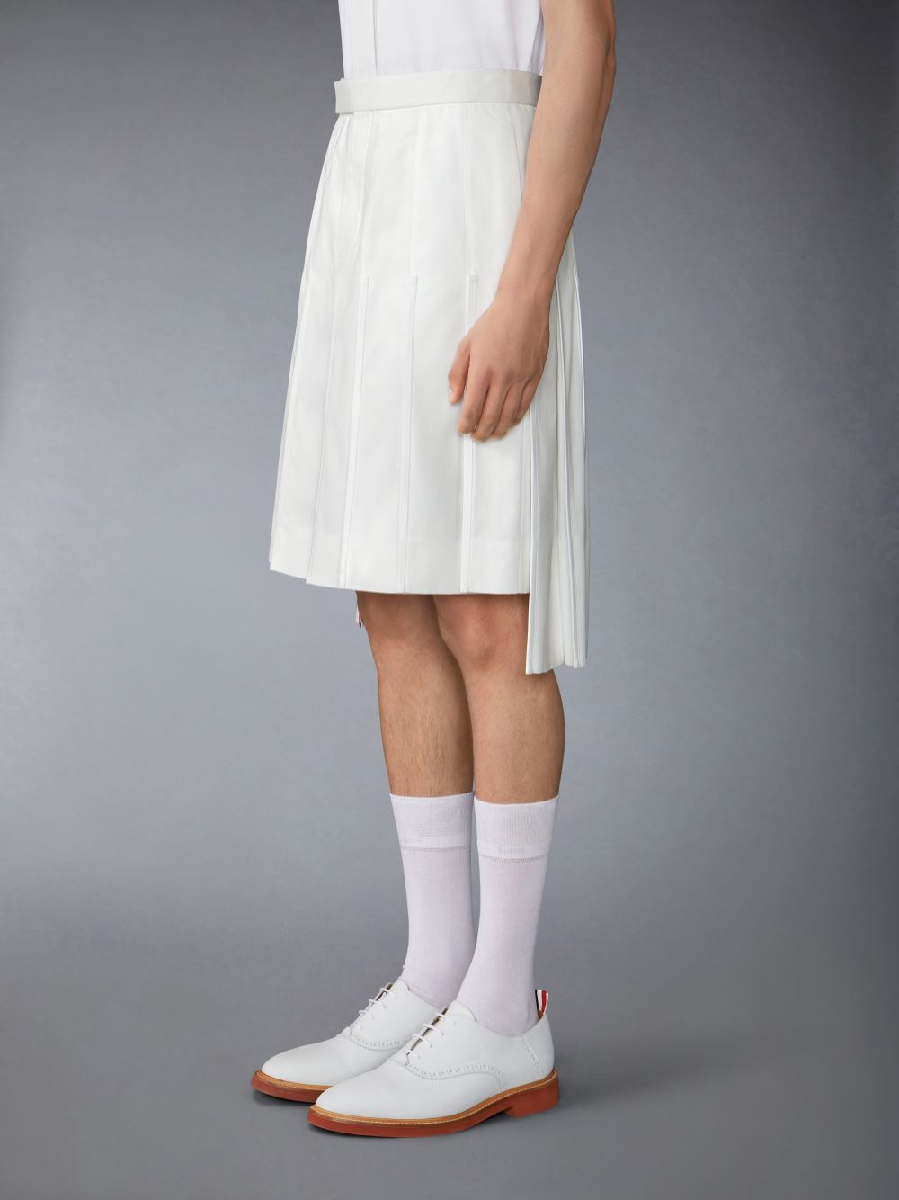 Men Thom Browne Typewriter Self Tipping Midi Classic Pleated Skirts White | TTB92V71367