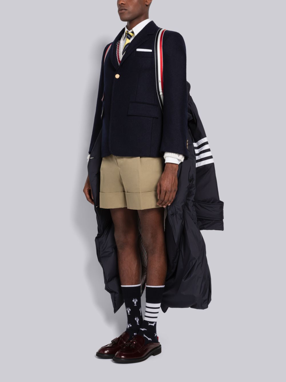 Men Thom Browne Ultra Light Nylon 4-Bar Down Filled Oversized Pea Coats Blue | VJK25A22085