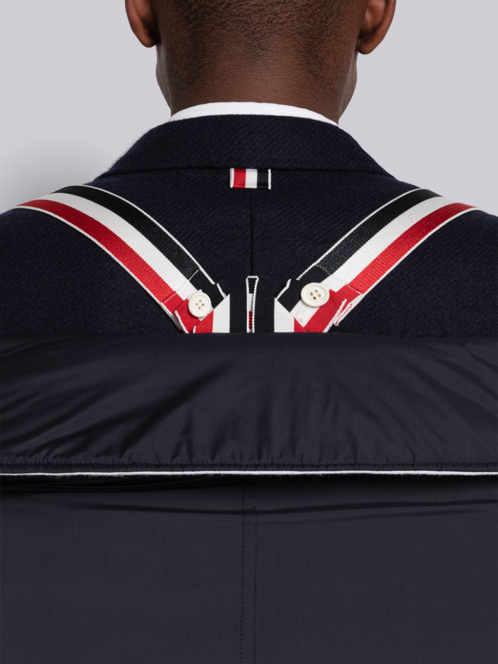 Men Thom Browne Ultra Light Nylon 4-Bar Down Filled Oversized Pea Coats Blue | VJK25A22085