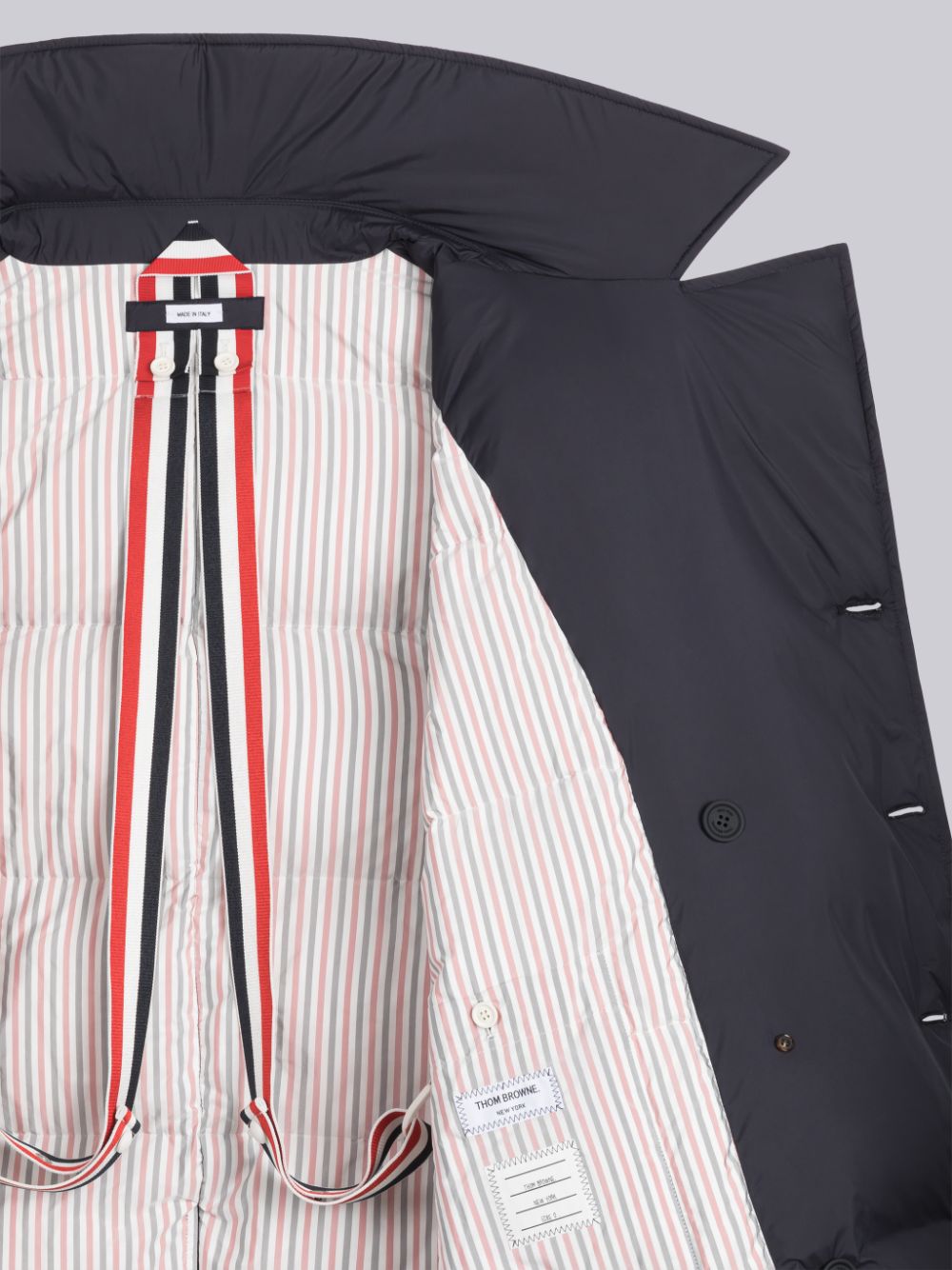 Men Thom Browne Ultra Light Nylon 4-Bar Down Filled Oversized Pea Coats Blue | VJK25A22085