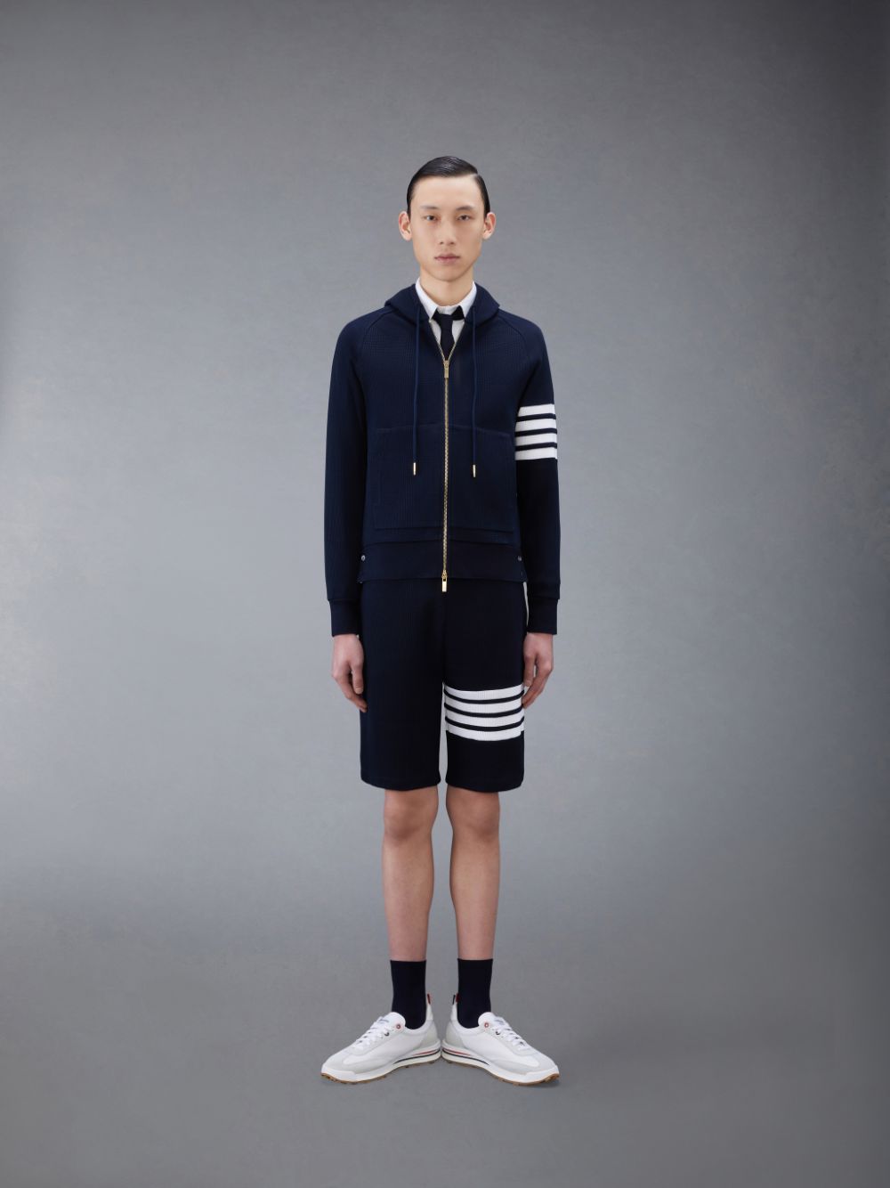 Men Thom Browne Waffle Raglan Full Zip Hoodie Blue | GGE58S82877