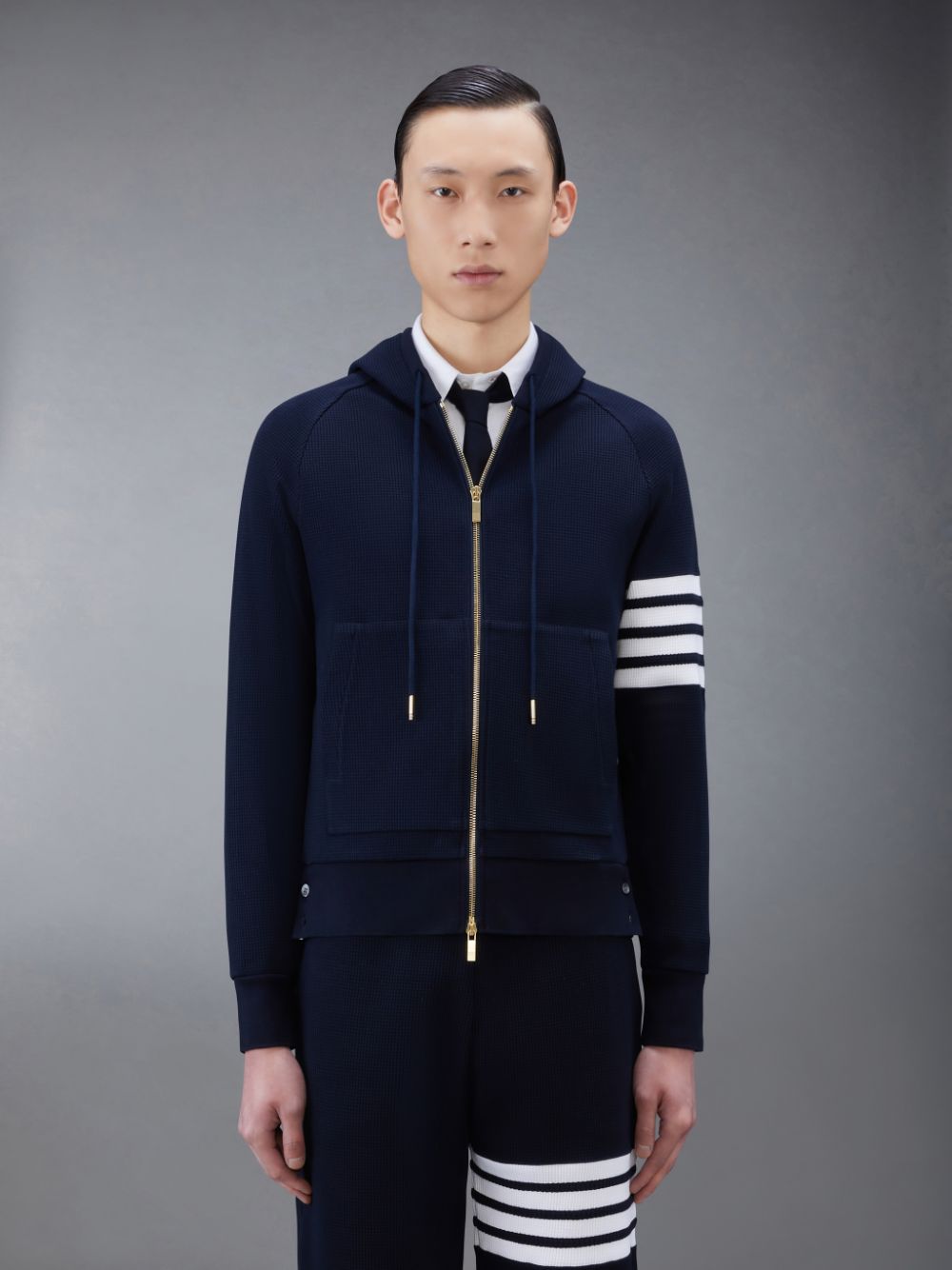 Men Thom Browne Waffle Raglan Full Zip Hoodie Blue | GGE58S82877