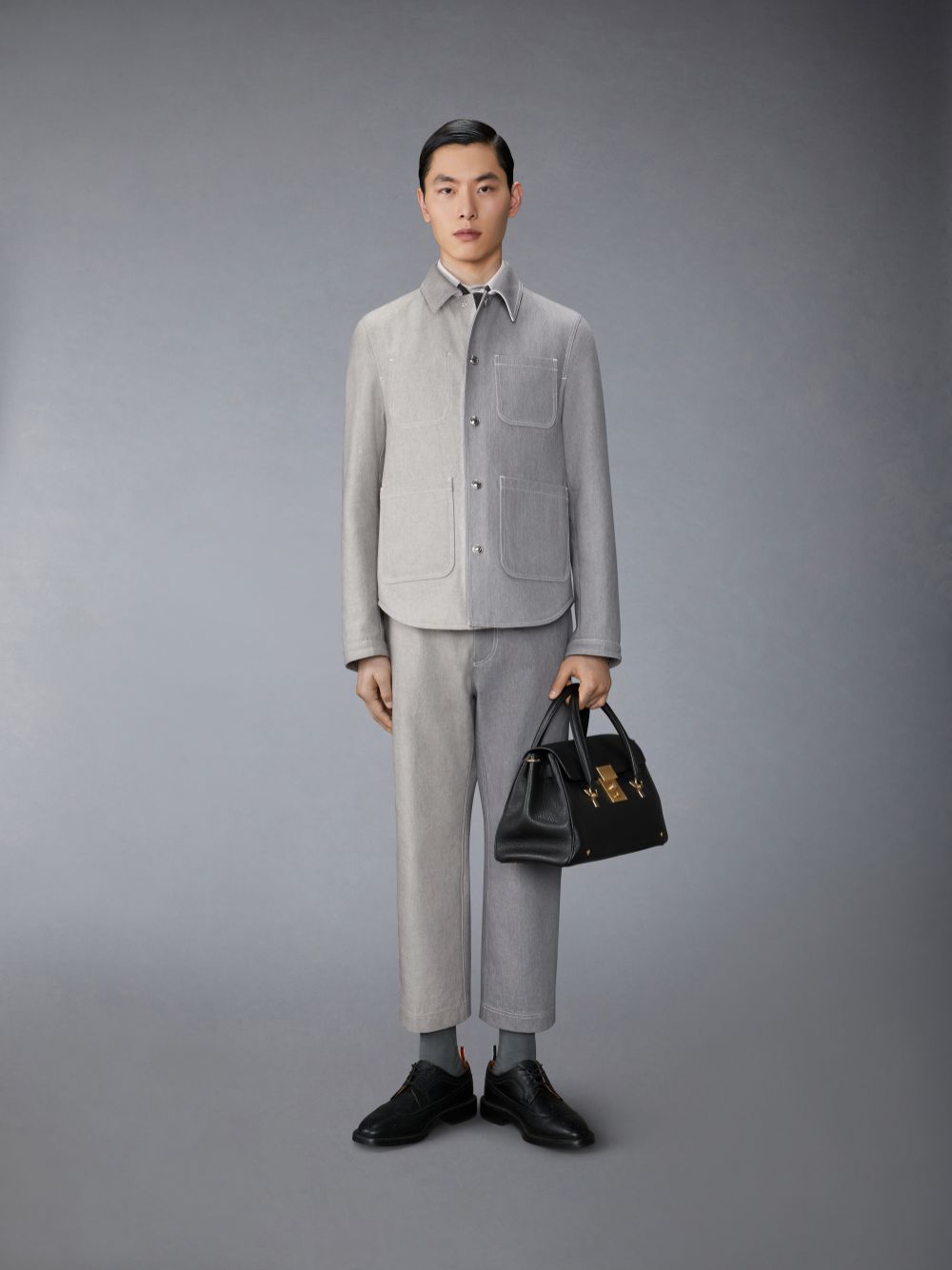 Men Thom Browne Washed Denim Contrast Topstitching Unconstructed Straight Leg Pants Grey | BYI62S07729