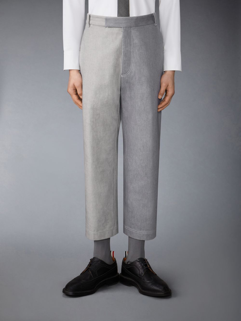 Men Thom Browne Washed Denim Contrast Topstitching Unconstructed Straight Leg Pants Grey | BYI62S07729