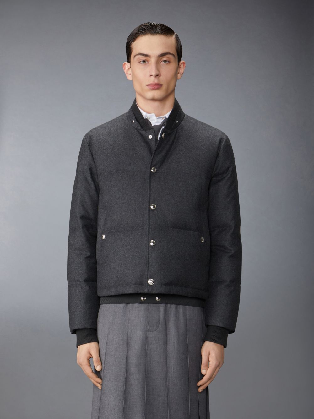 Men Thom Browne Wool Flannel Down Fill Hood Bomber Jackets Grey | XUB08X84725
