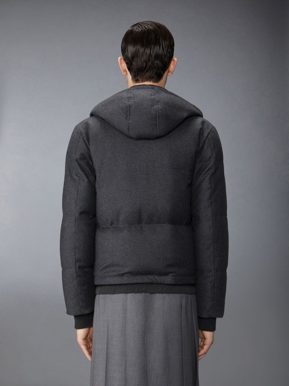 Men Thom Browne Wool Flannel Down Fill Hood Bomber Jackets Grey | XUB08X84725