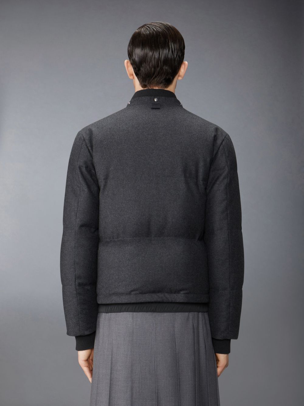 Men Thom Browne Wool Flannel Down Fill Hood Bomber Jackets Grey | XUB08X84725