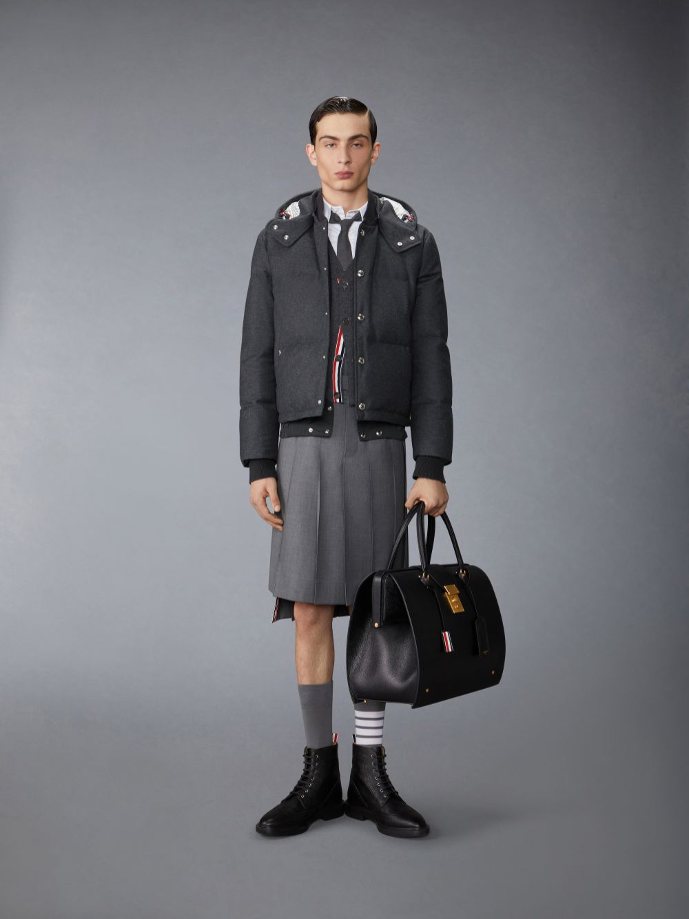 Men Thom Browne Wool Flannel Down Fill Hood Bomber Jackets Grey | XUB08X84725