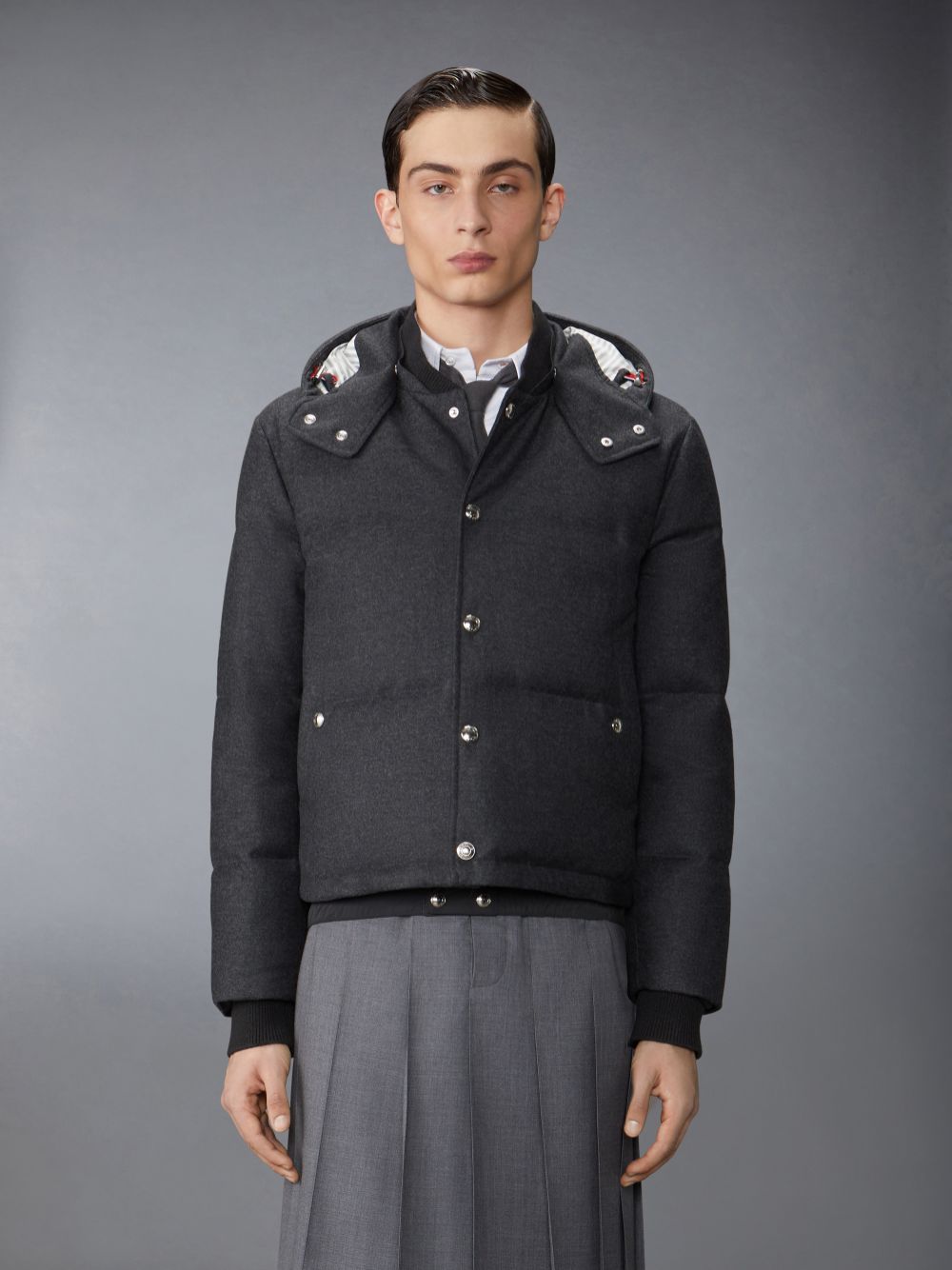 Men Thom Browne Wool Flannel Down Fill Hood Bomber Jackets Grey | XUB08X84725