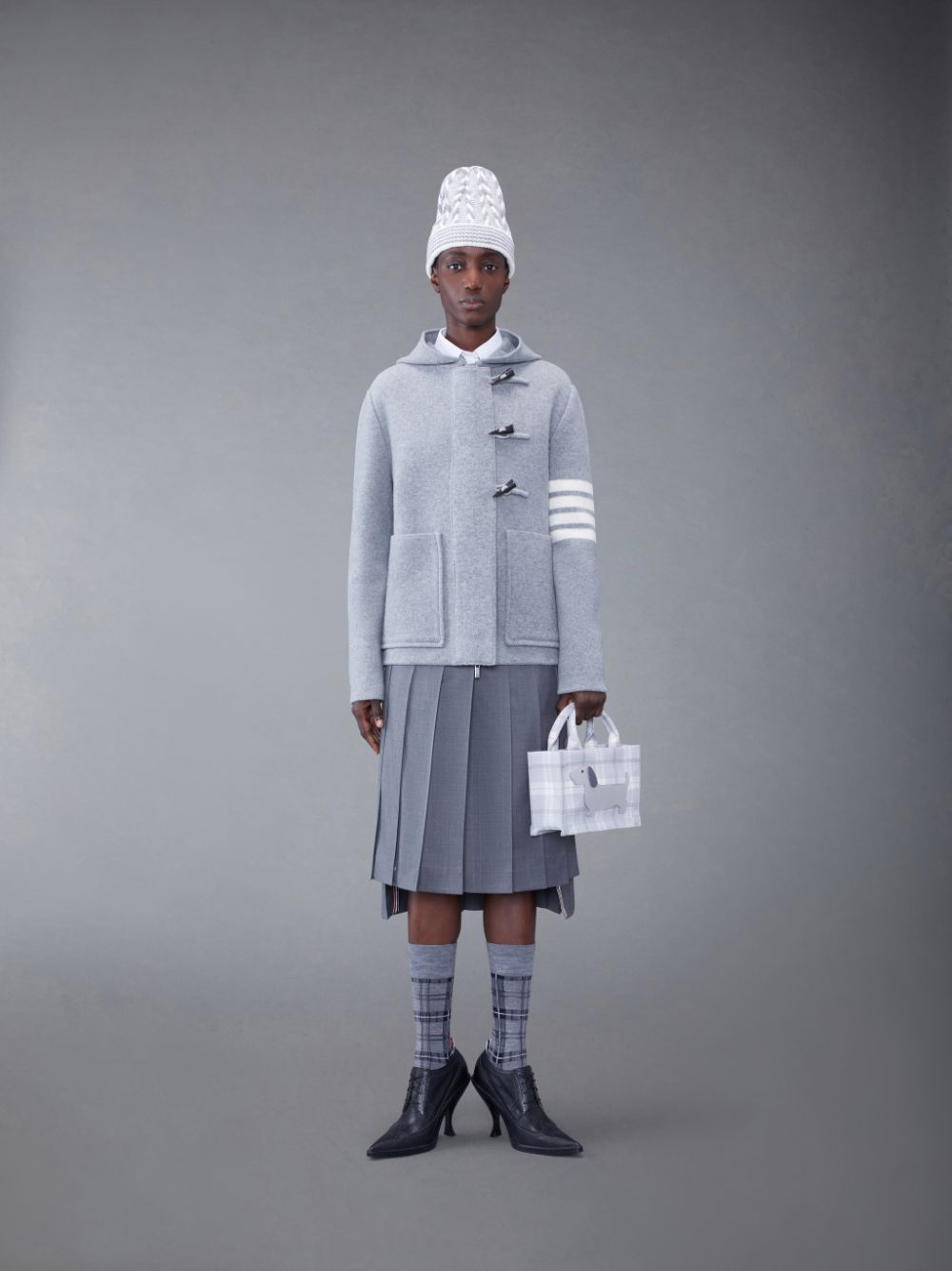 Women Thom Browne Boiled Wool 4-Bar Hooded Duffle Jackets Grey | QNW51T64781