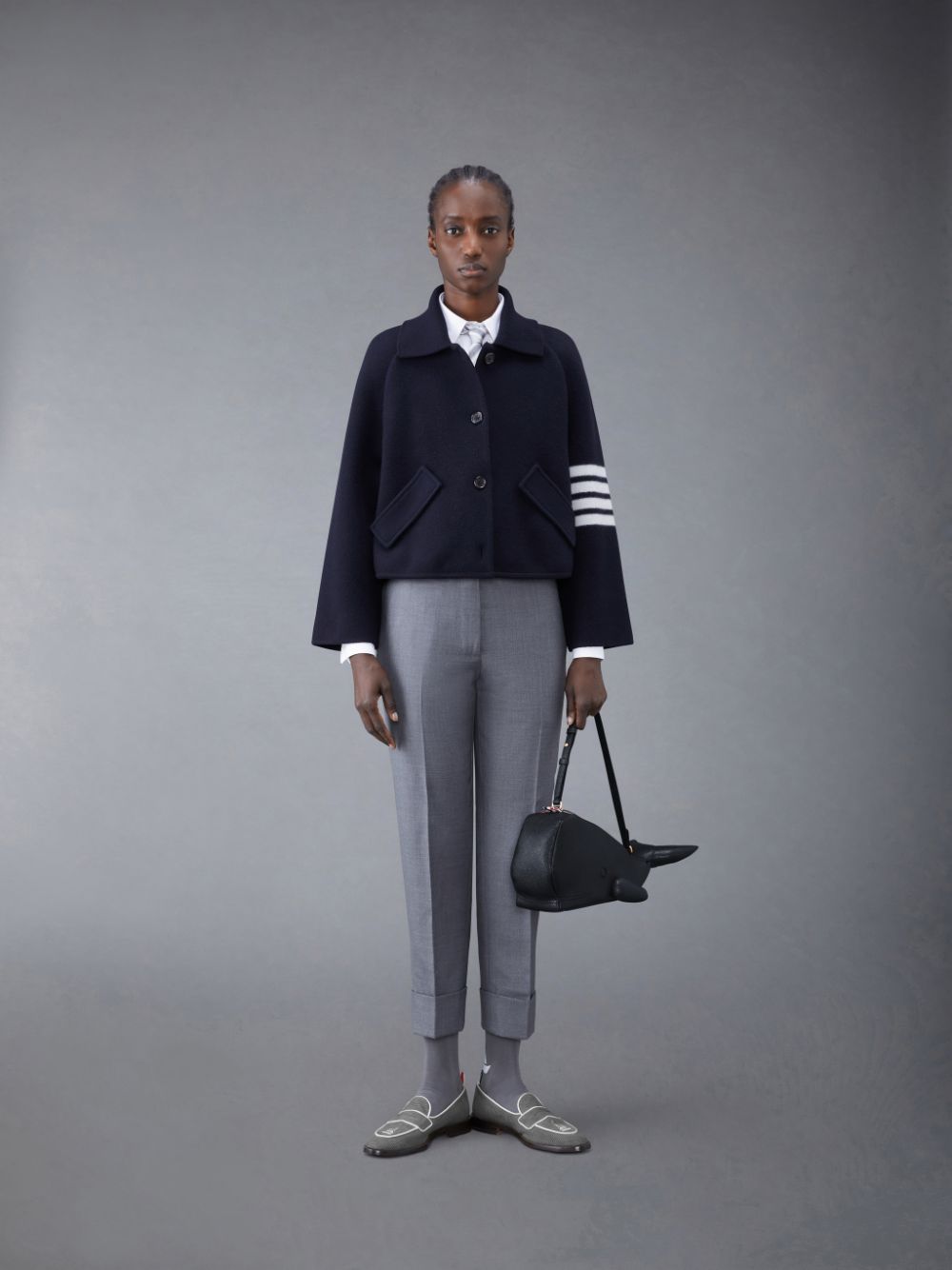 Women Thom Browne Boiled Wool Milano 4-Bar Cropped Car Coats Blue | DMW78I09029