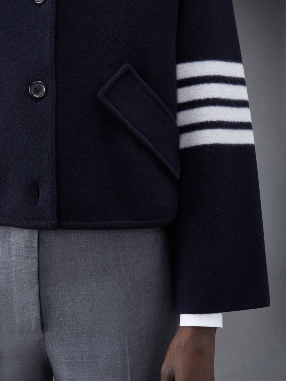 Women Thom Browne Boiled Wool Milano 4-Bar Cropped Car Coats Blue | DMW78I09029
