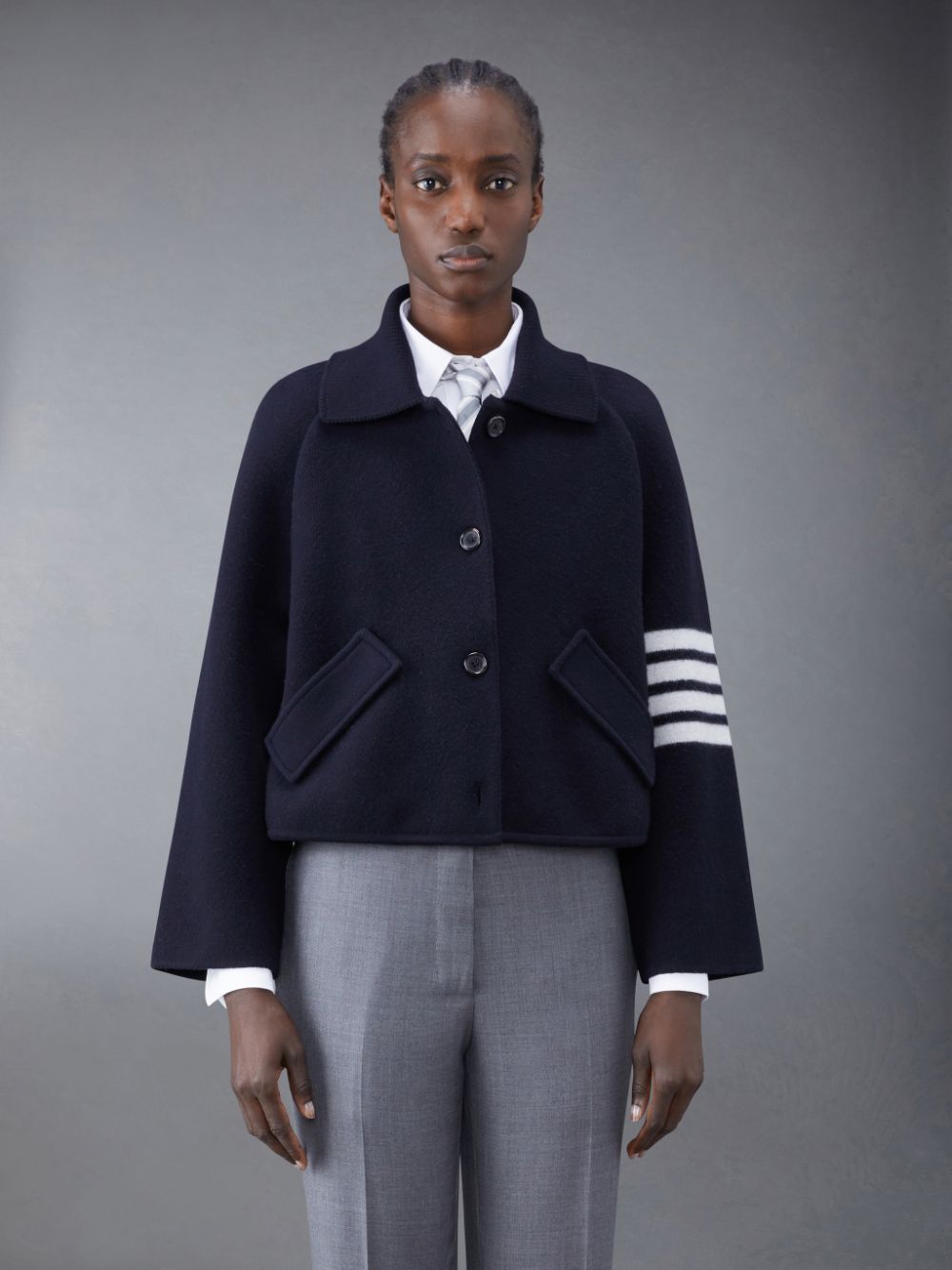 Women Thom Browne Boiled Wool Milano 4-Bar Cropped Car Coats Blue | DMW78I09029