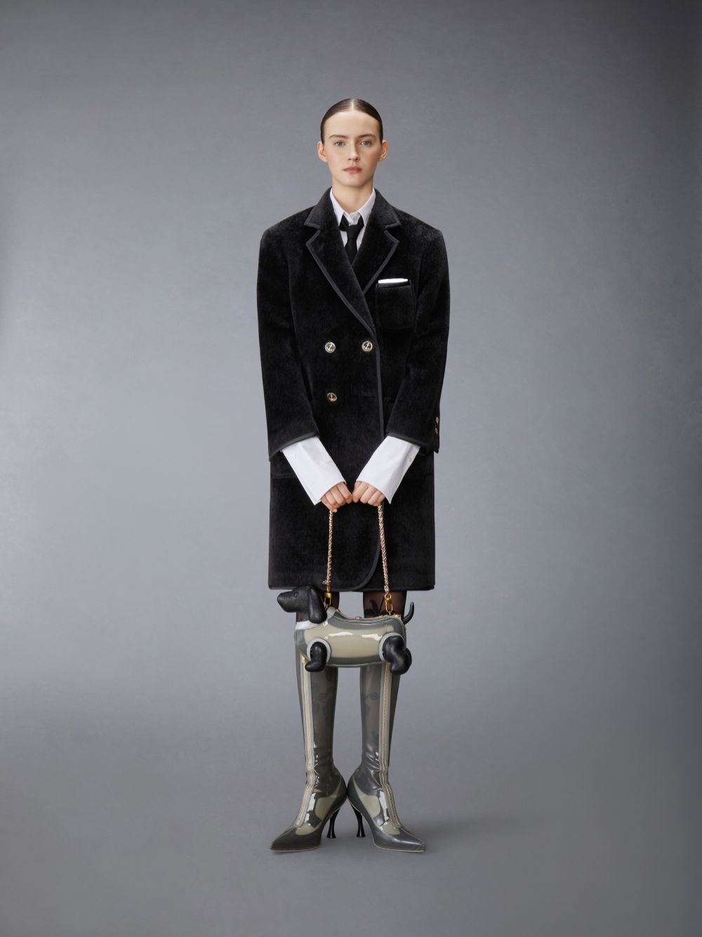 Women Thom Browne Brushed Alpaca Wool Satin Tipping Soft Shoulder Coats Black | LJY84W27296