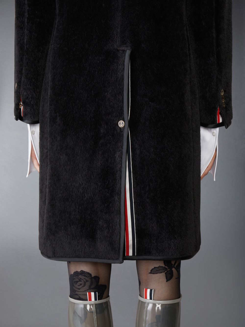 Women Thom Browne Brushed Alpaca Wool Satin Tipping Soft Shoulder Coats Black | LJY84W27296
