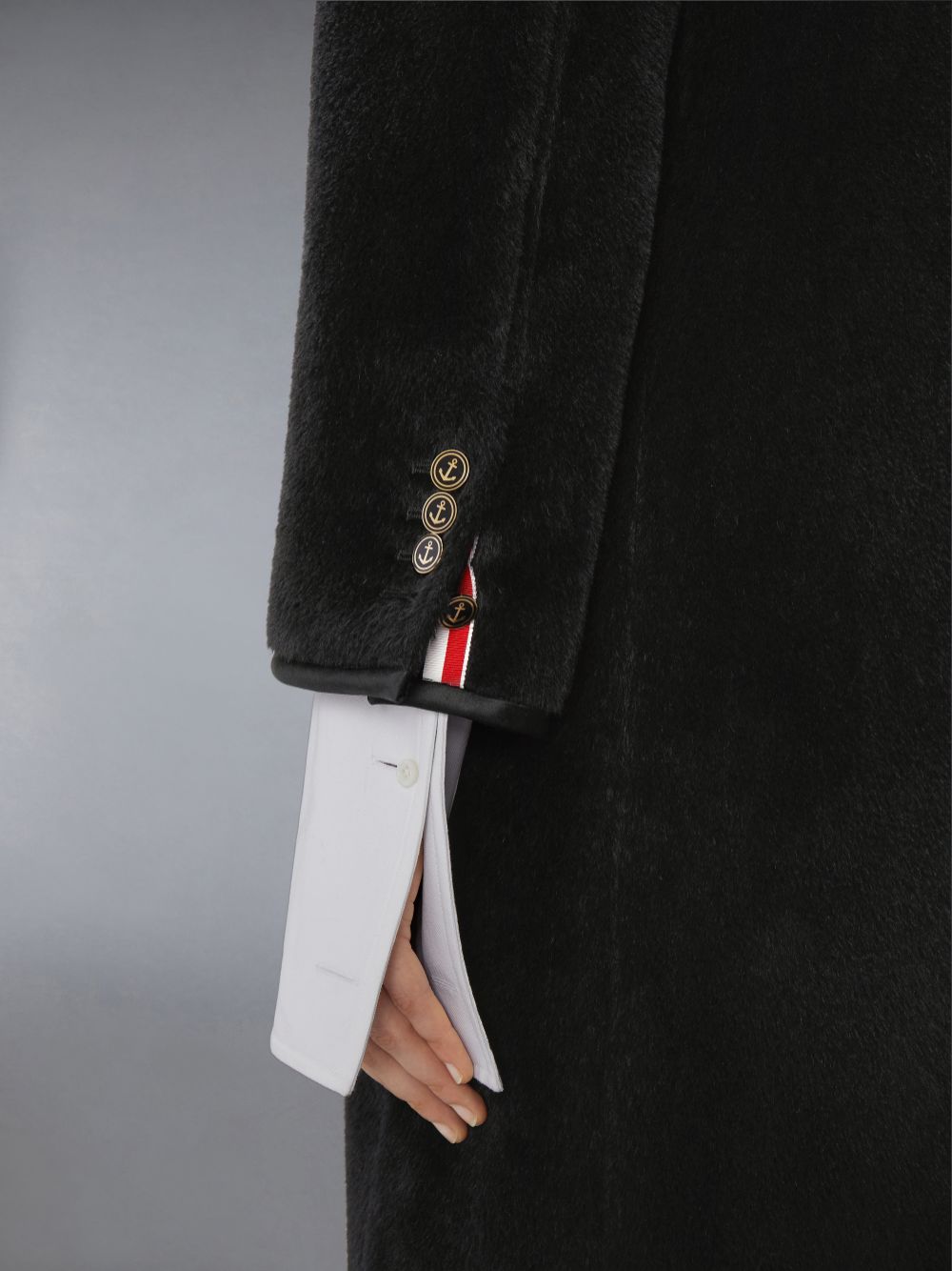 Women Thom Browne Brushed Alpaca Wool Satin Tipping Soft Shoulder Coats Black | LJY84W27296
