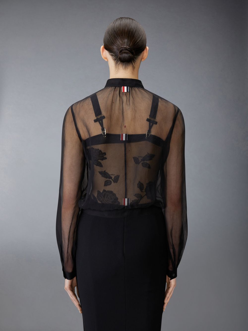Women Thom Browne Chiffon Button Placket Gathered Shirts Black | XPU73R08058