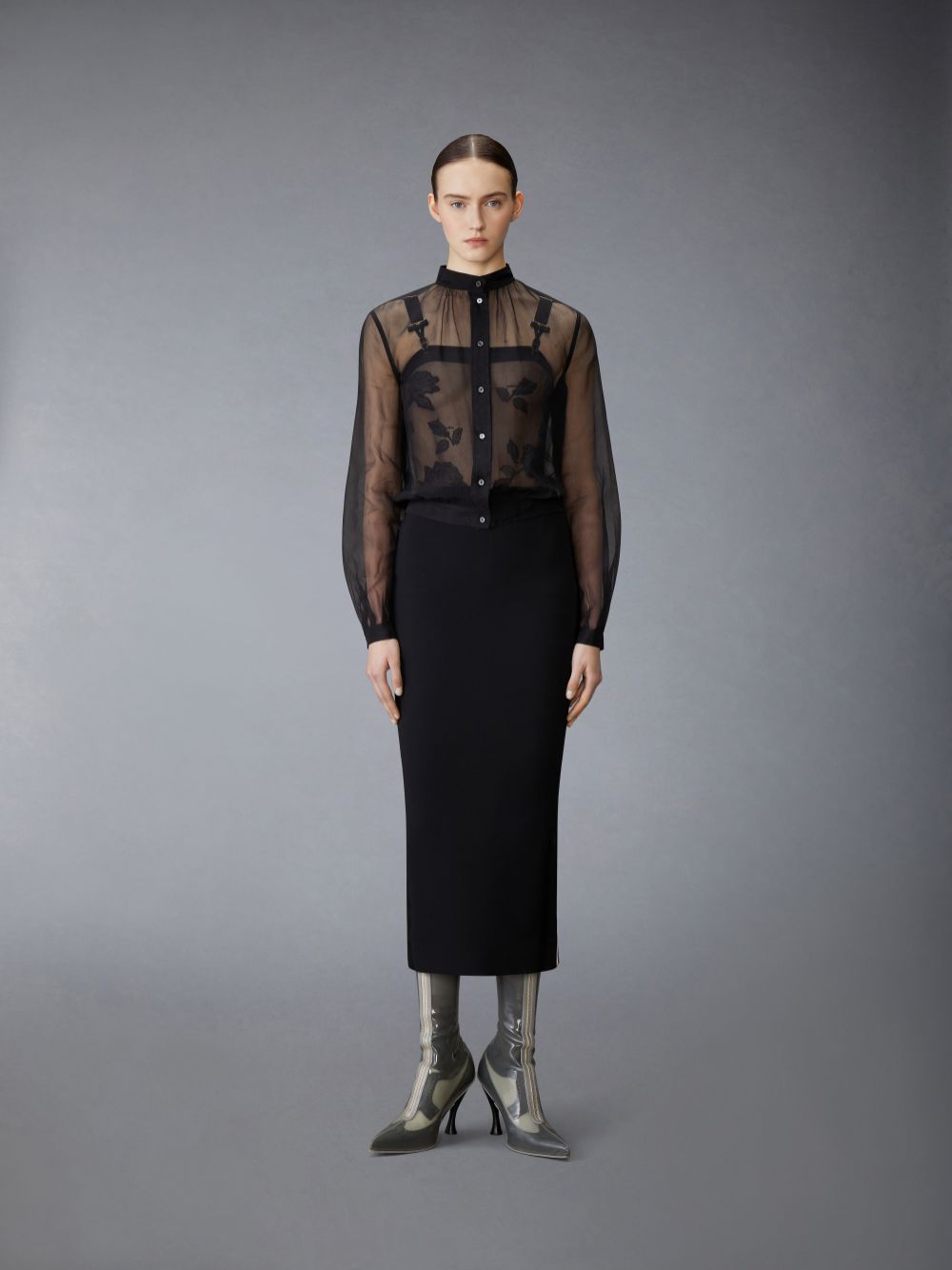 Women Thom Browne Chiffon Button Placket Gathered Shirts Black | XPU73R08058