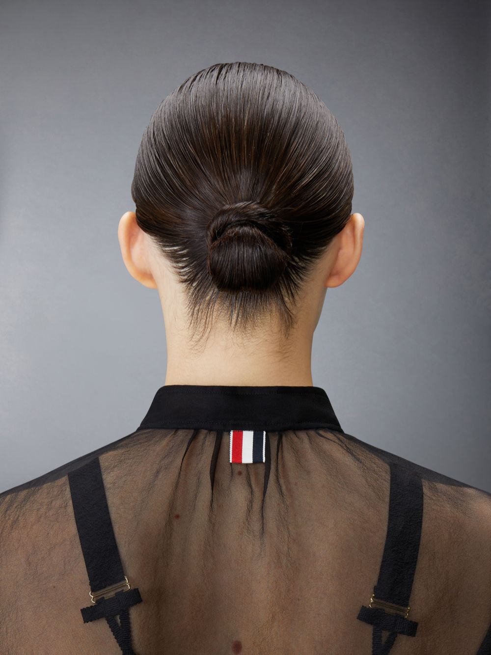 Women Thom Browne Chiffon Button Placket Gathered Shirts Black | XPU73R08058