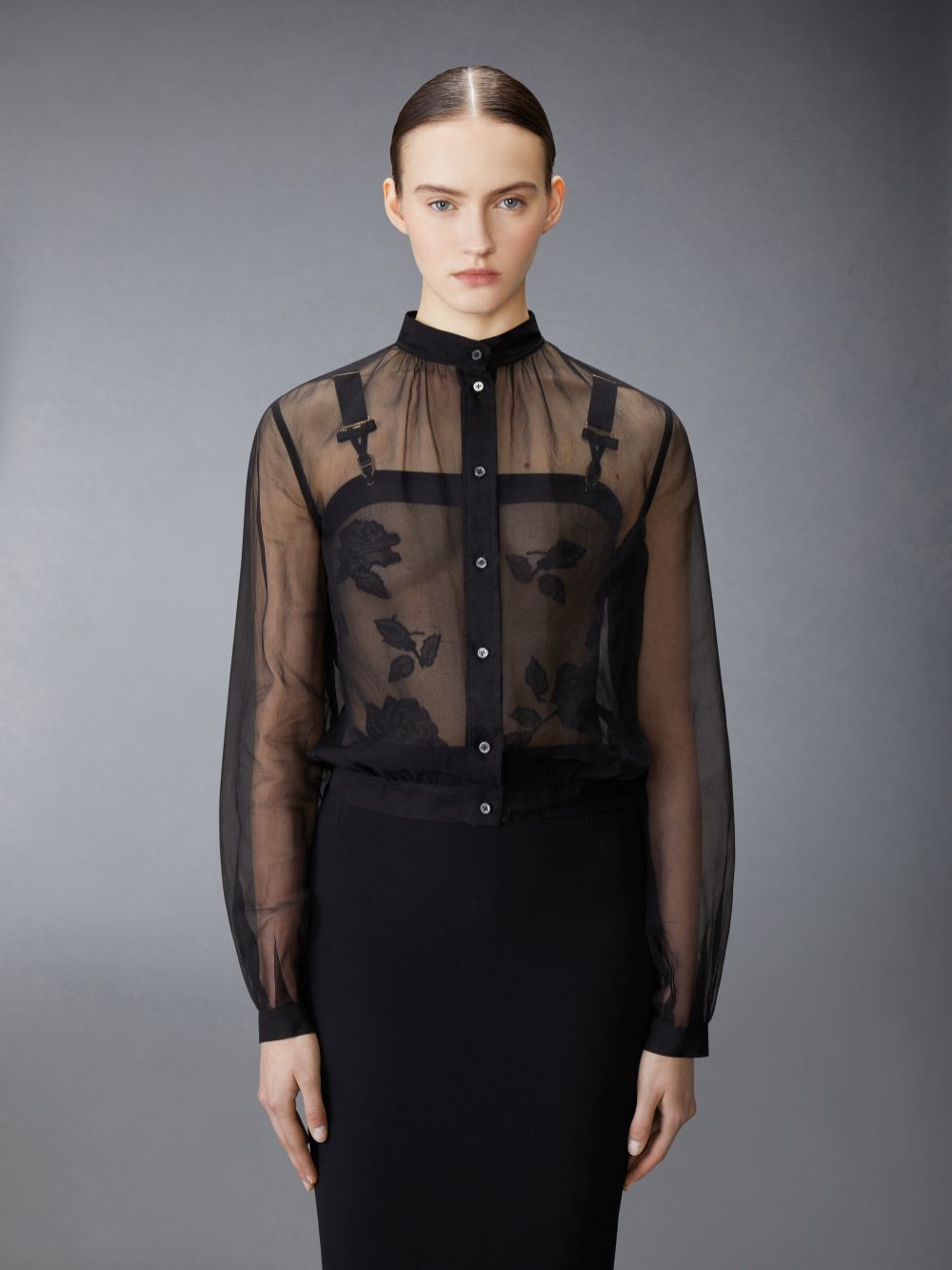 Women Thom Browne Chiffon Button Placket Gathered Shirts Black | XPU73R08058