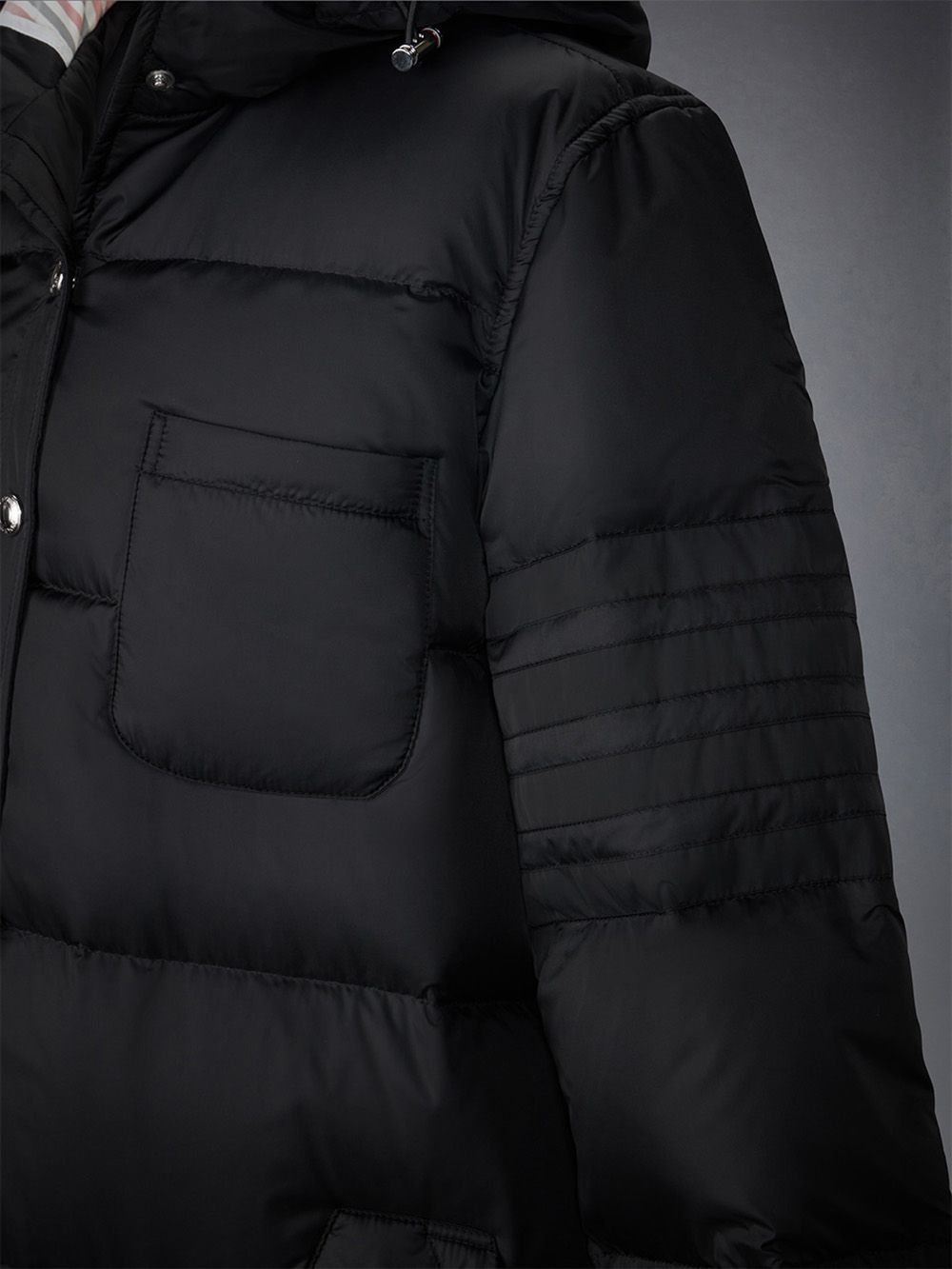 Women Thom Browne Downfilled 4-bar Hooded Shirtdress Coats Black | QZK15W12857