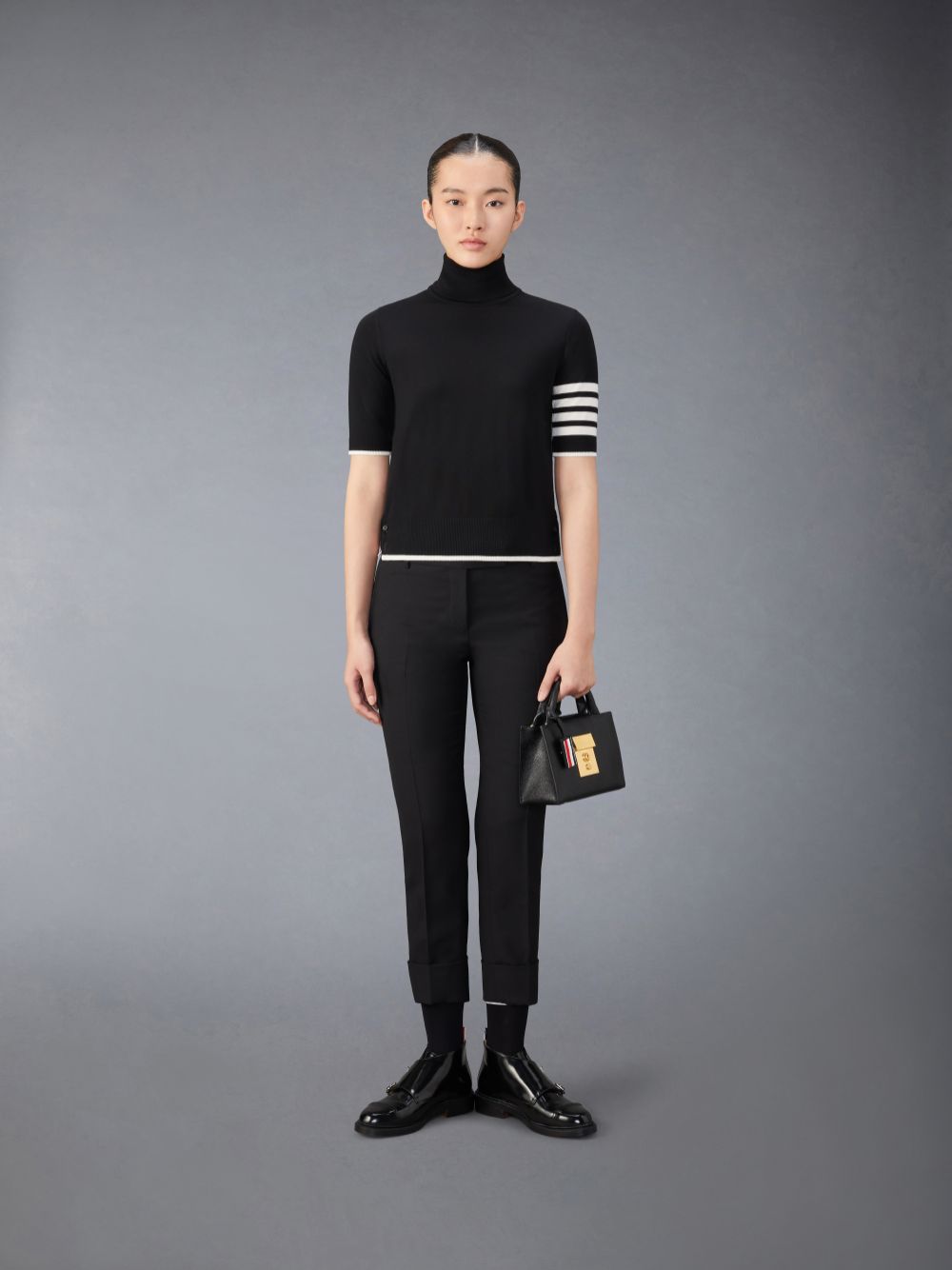 Women Thom Browne Fine Merino Wool 4-Bar Relaxed Fit Turtleneck T Shirts Black | YCC08I19777