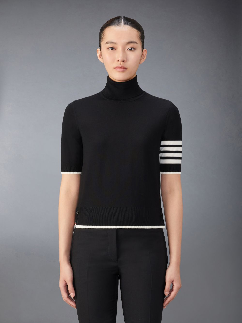 Women Thom Browne Fine Merino Wool 4-Bar Relaxed Fit Turtleneck T Shirts Black | YCC08I19777