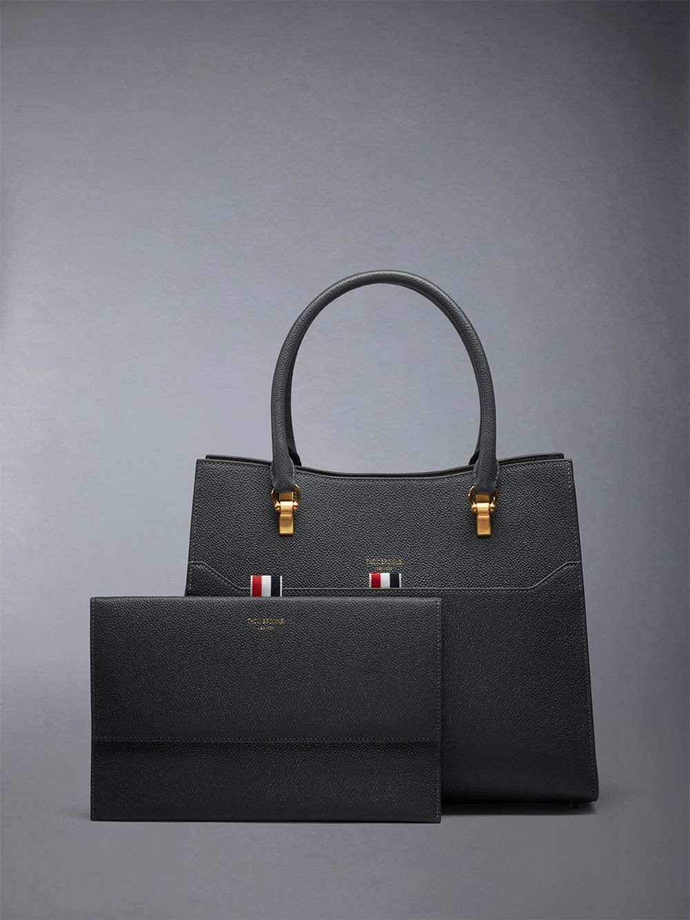 Women Thom Browne Medium Duet in Pebble Grain Leather Tote Bags Grey | QAM39H11092