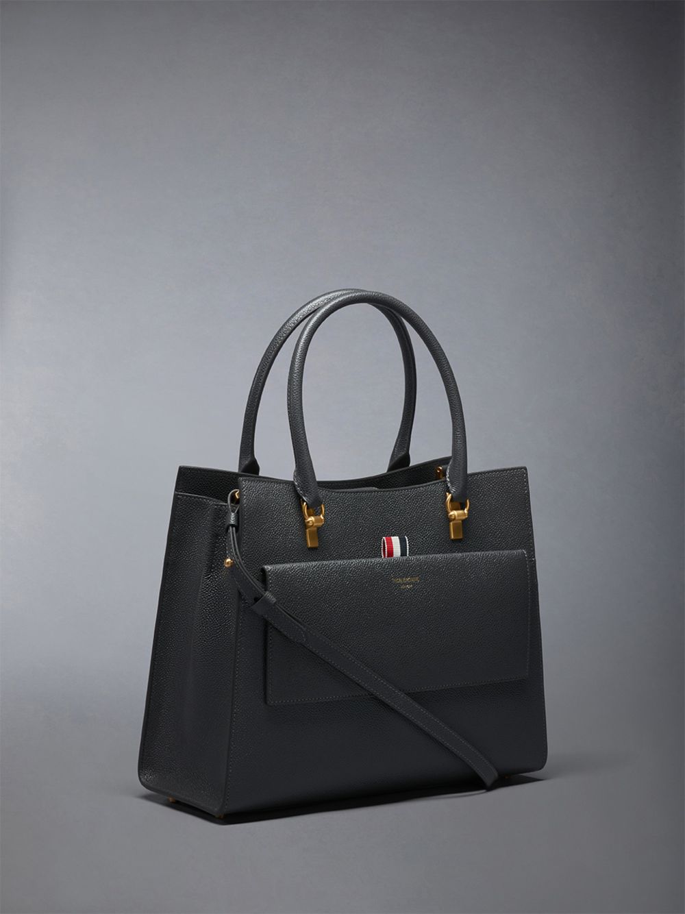 Women Thom Browne Medium Duet in Pebble Grain Leather Tote Bags Grey | QAM39H11092