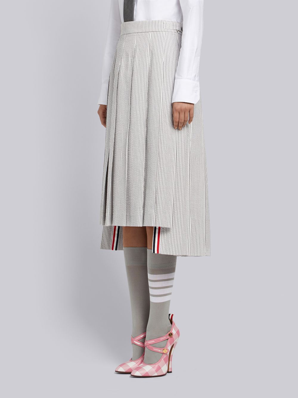 Women Thom Browne Medium Seersucker Below-the-knee Pleated Skirts Grey | WMY34T36930