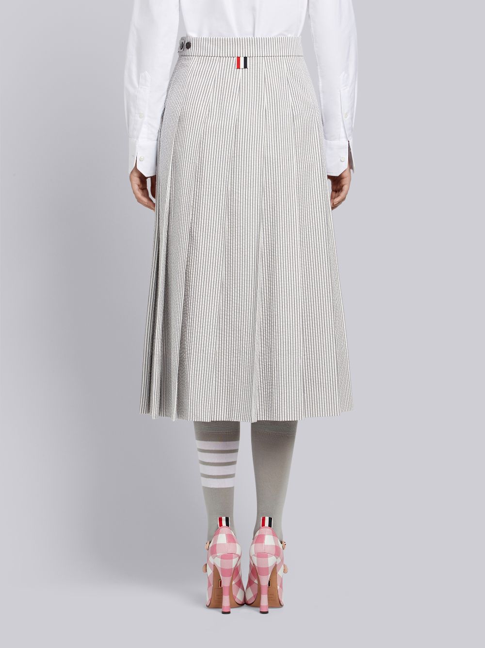 Women Thom Browne Medium Seersucker Below-the-knee Pleated Skirts Grey | WMY34T36930