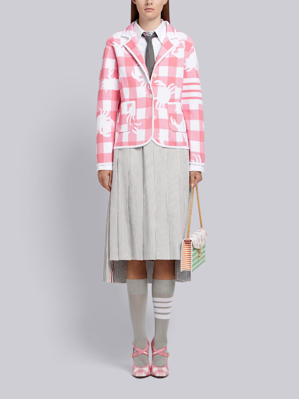 Women Thom Browne Medium Seersucker Below-the-knee Pleated Skirts Grey | WMY34T36930