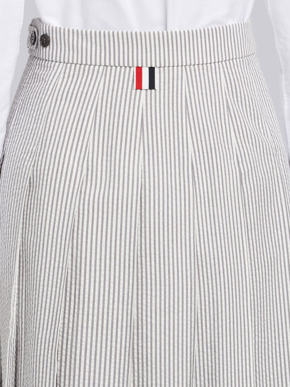 Women Thom Browne Medium Seersucker Below-the-knee Pleated Skirts Grey | WMY34T36930
