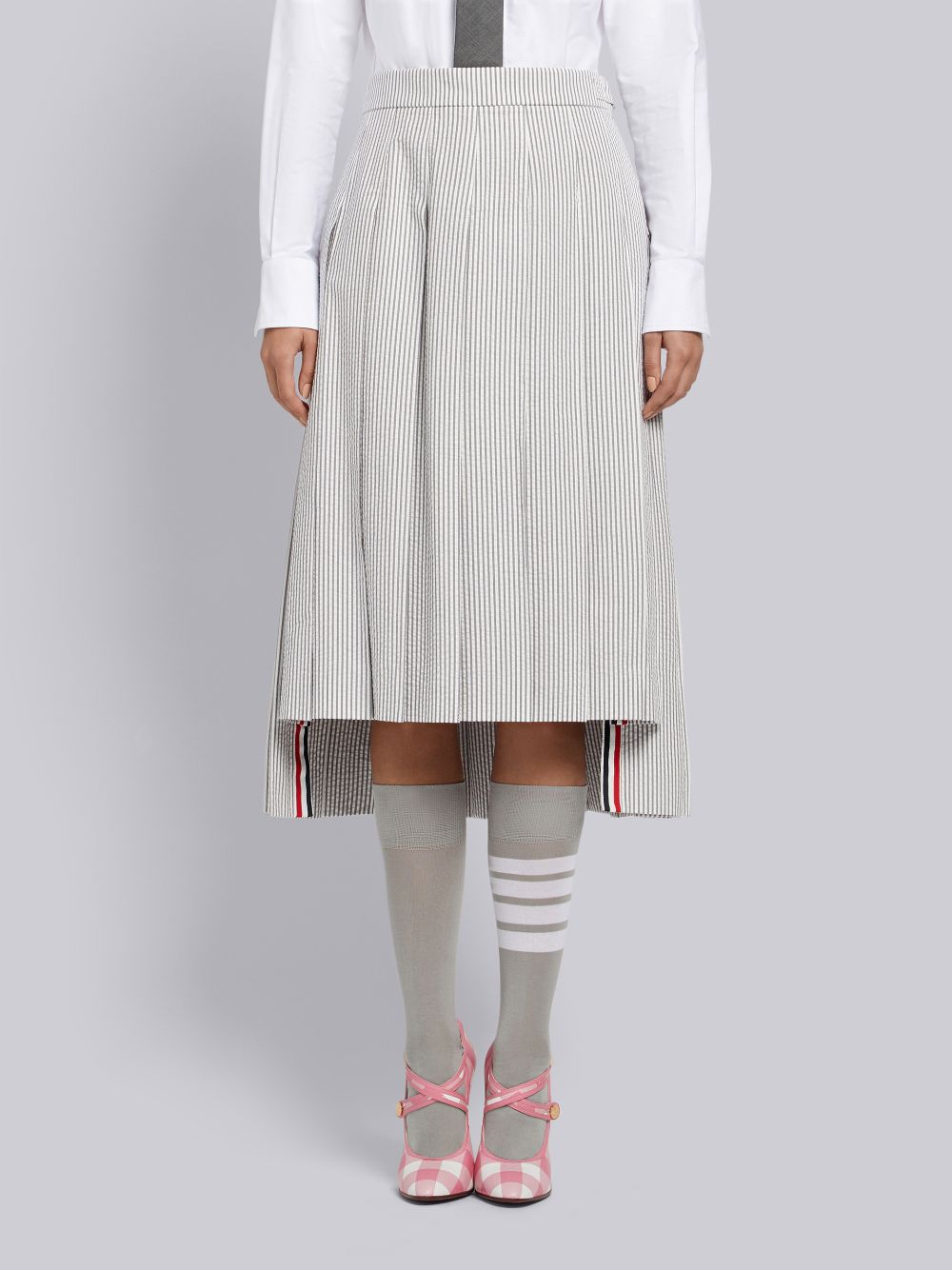 Women Thom Browne Medium Seersucker Below-the-knee Pleated Skirts Grey | WMY34T36930
