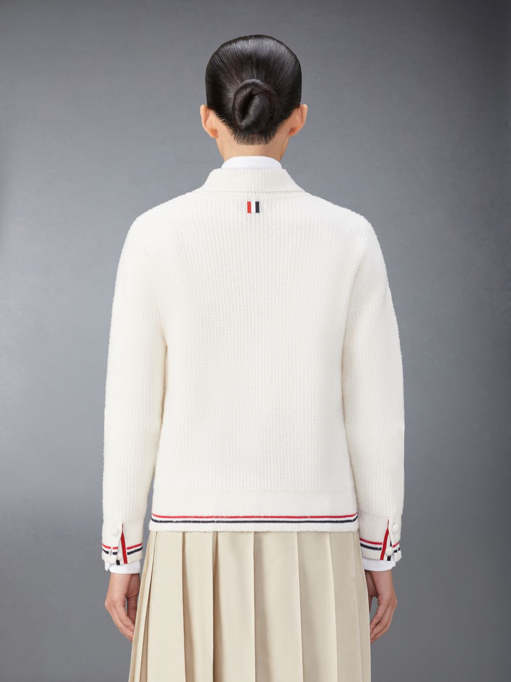Women Thom Browne Merino Wool Brushed Tuck Stitch Polo Cardigan White | UCH73A25801