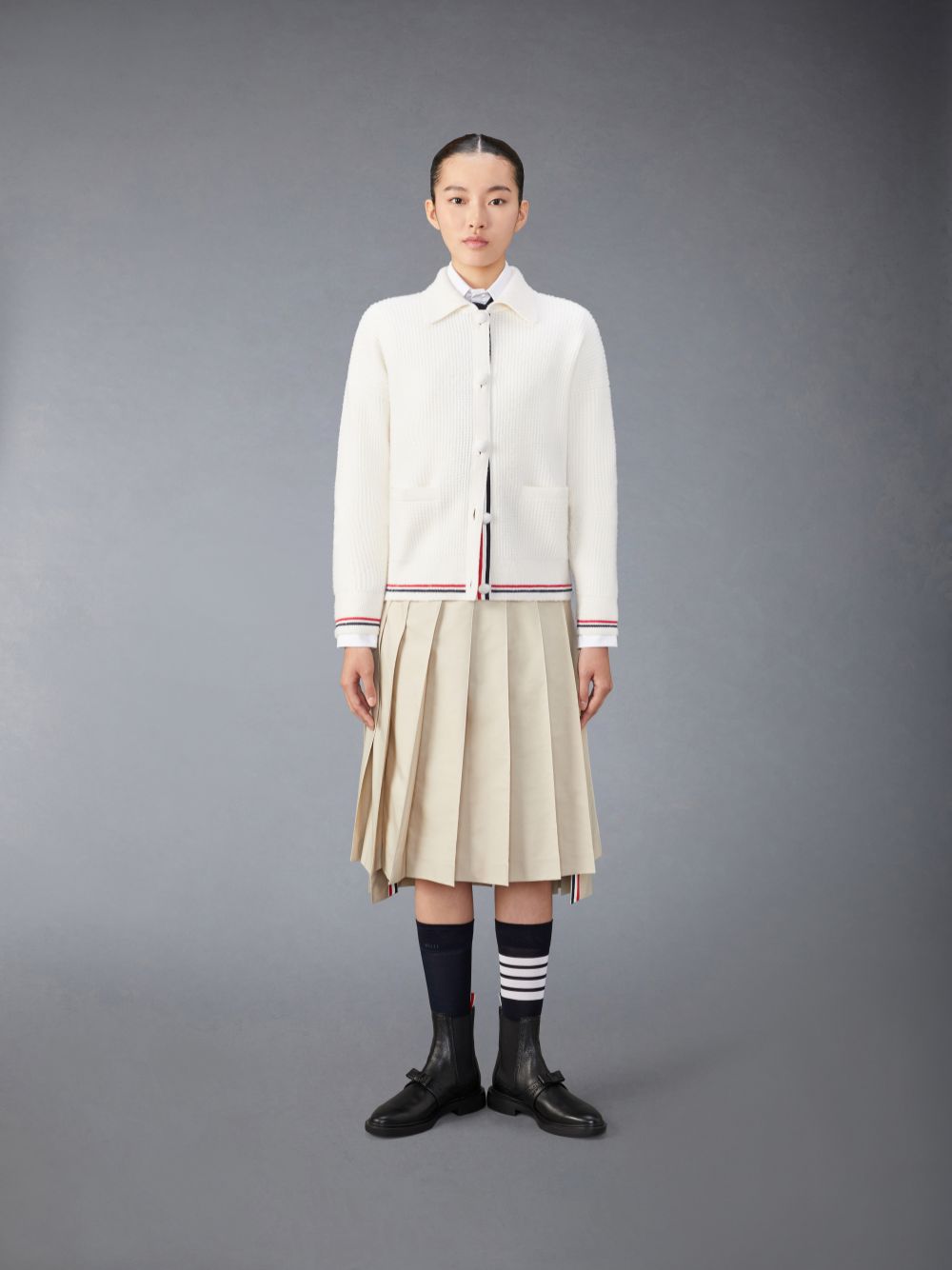 Women Thom Browne Merino Wool Brushed Tuck Stitch Polo Cardigan White | UCH73A25801