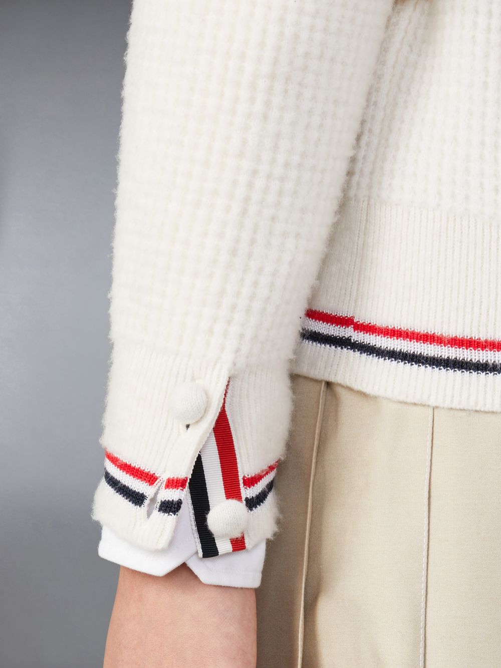 Women Thom Browne Merino Wool Brushed Tuck Stitch Polo Cardigan White | UCH73A25801