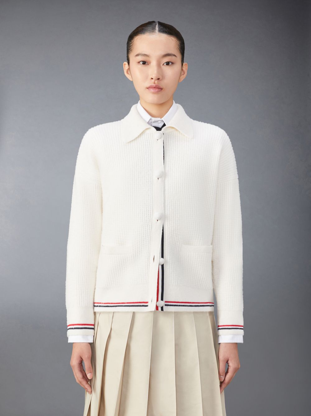 Women Thom Browne Merino Wool Brushed Tuck Stitch Polo Cardigan White | UCH73A25801