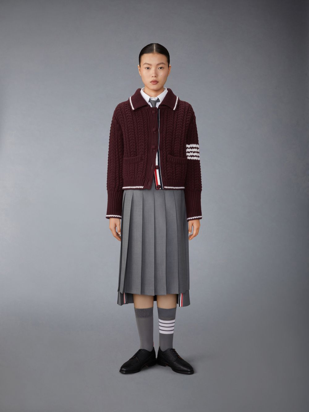 Women Thom Browne Merino Wool Chunky Links Stitch 4-Bar Polo Cardigan Jackets Red | OVB31B06109