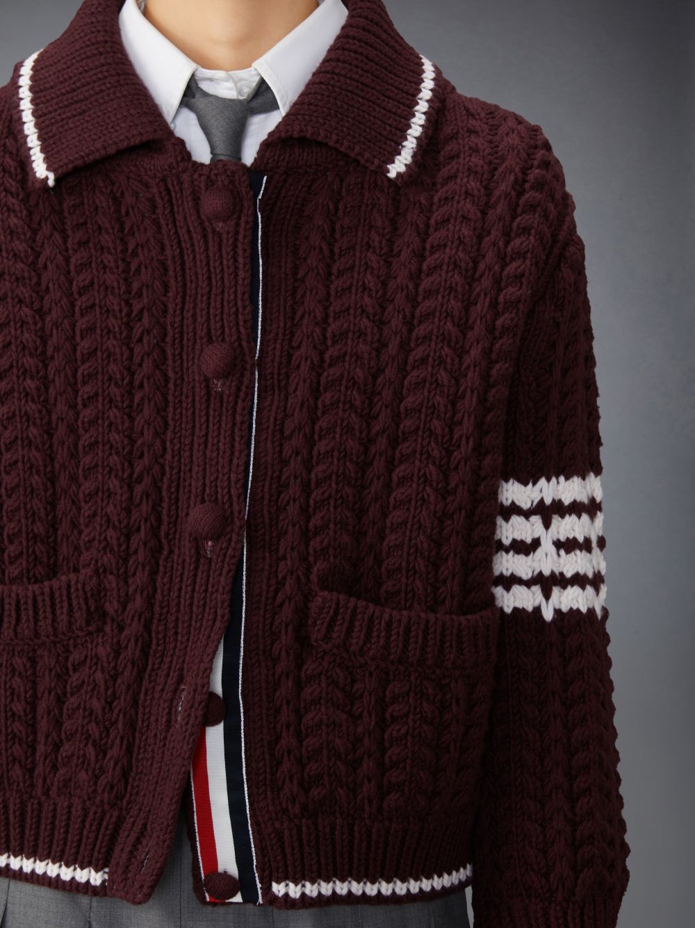 Women Thom Browne Merino Wool Chunky Links Stitch 4-Bar Polo Cardigan Jackets Red | OVB31B06109