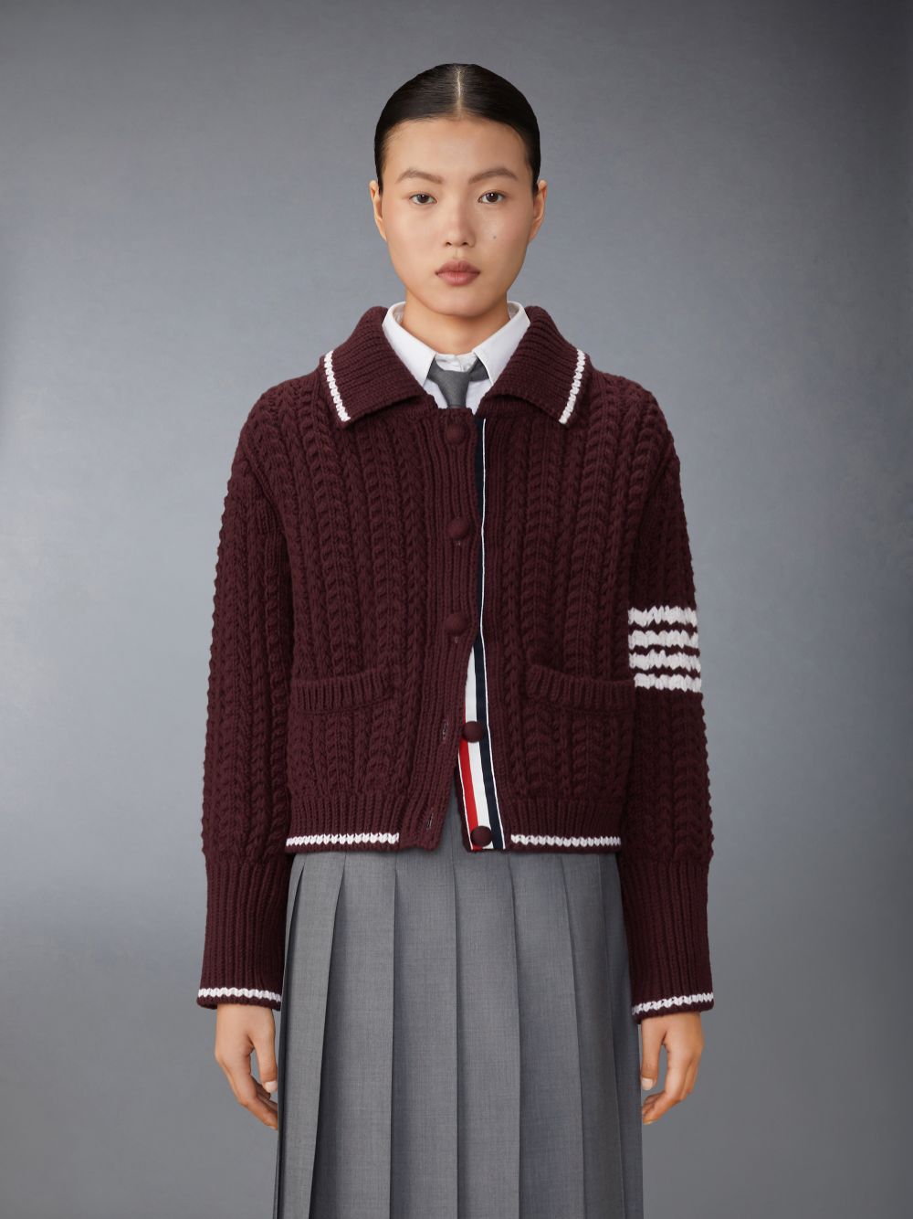 Women Thom Browne Merino Wool Chunky Links Stitch 4-Bar Polo Cardigan Jackets Red | OVB31B06109