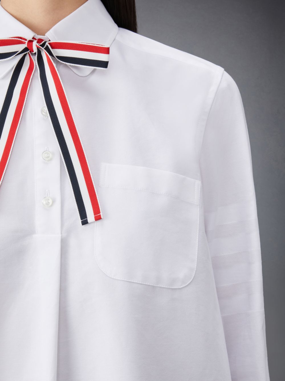 Women Thom Browne Oxford 4-Bar Bow Tie Blouson Shirts White | SFC21F08081