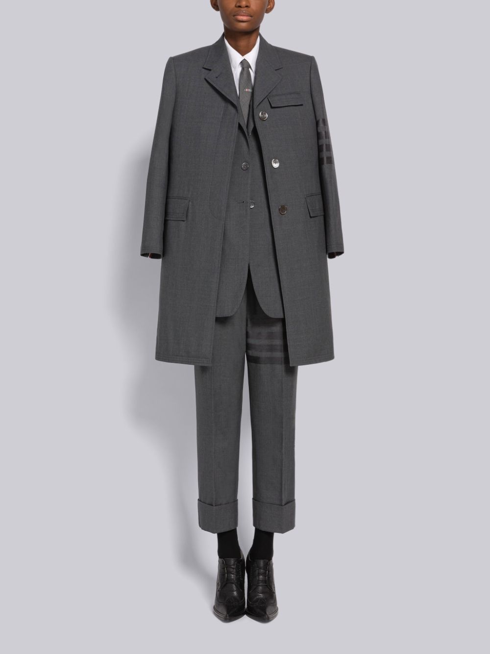 Women Thom Browne PLAIN WEAVE 4-BAR CHESTERFIELD Coats Grey | BJK23V98814