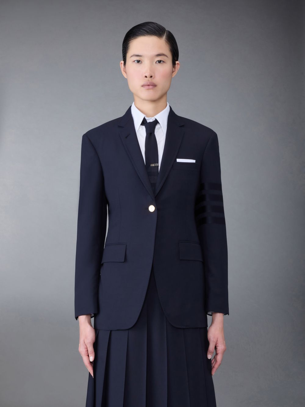 Women Thom Browne Plain Weave 4-Bar Elongated Single Button Sport Coats Blue | VAM87I91522